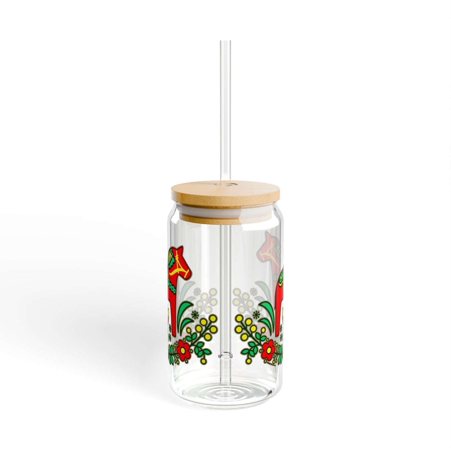 Dala Horse Sipper Glass, 16oz with Lid and Straw Swedish Scandinavian Design Dalarna Swede Norwegian Finnish Bamboo Eco Lid