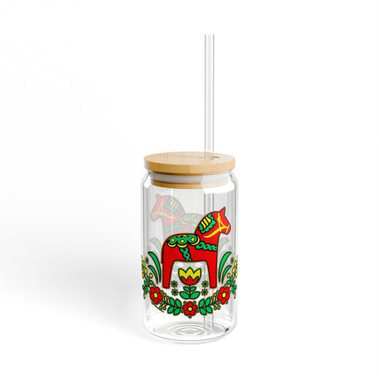 Dala Horse Sipper Glass, 16oz with Lid and Straw Swedish Scandinavian Design Dalarna Swede Norwegian Finnish Bamboo Eco Lid