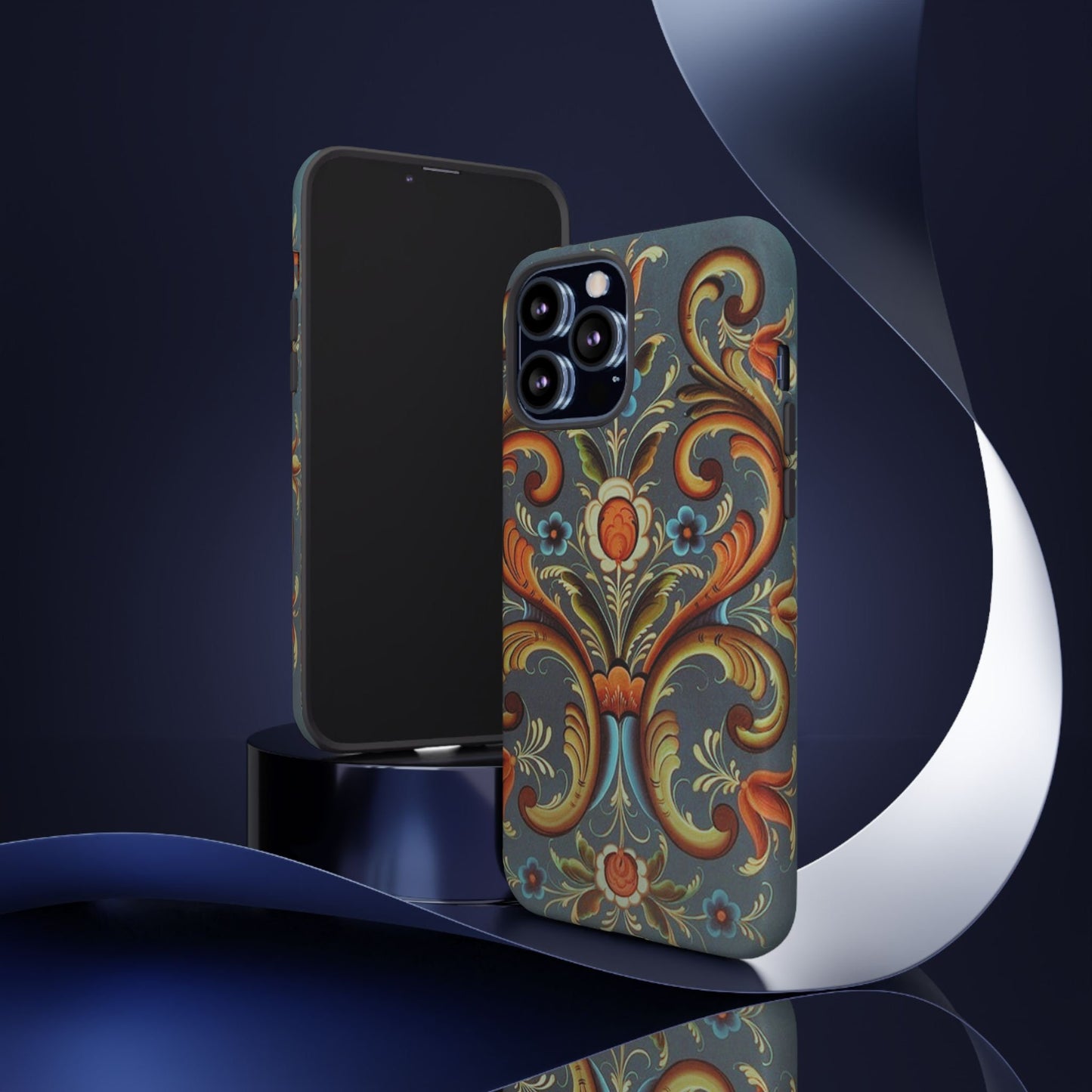 ROSEMALING PHONE CASE - Vintage Look Rosemaling Scandinavian Print Dual Layer Phone Case Norwegian Swedish design Now for iPhone 16