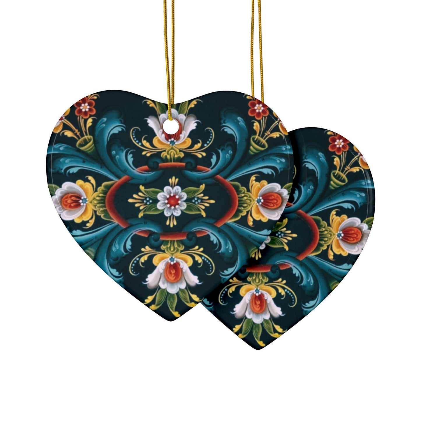 Classic Rosemaling Ceramic Ornaments, Heart or Circle 2-Side Print (1pc, 3pcs, 5pcs, 10pcs) Scandinavian God Jul Swedish Norwegian