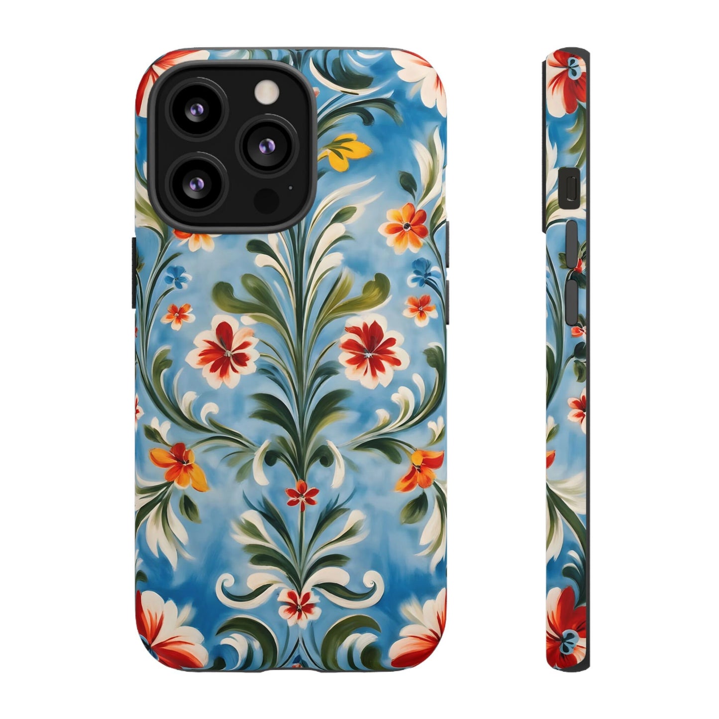 Blue Rosemaling Phone Dual Layer Case Scandinavian Painting Rosemale Telemark Style Phone Case Swedish Norwegian Now for iPhone 16