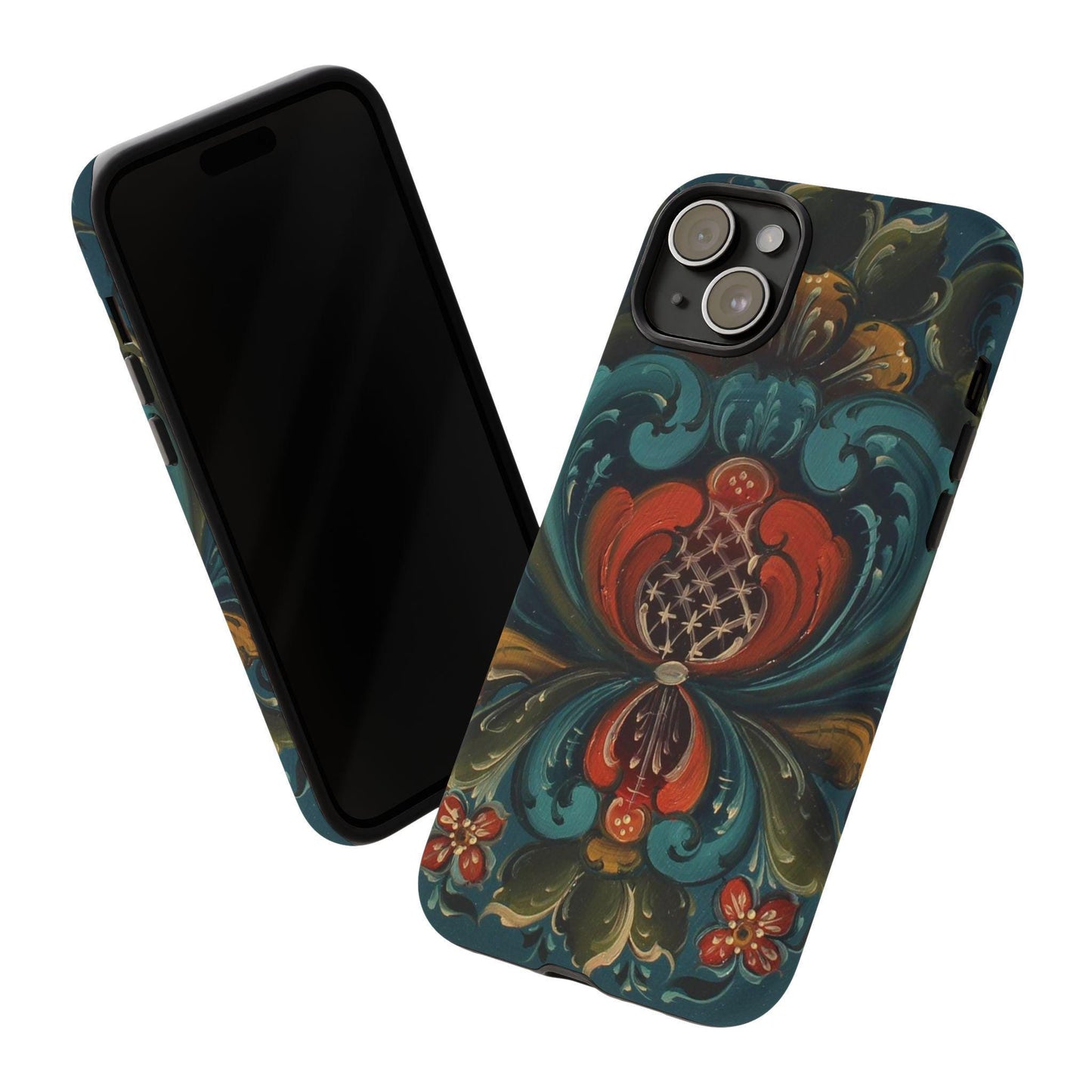 Antique Rosemaling Design Phone Case Dual Layer Scandinavian Painting Telemark Rosemale Kurbits