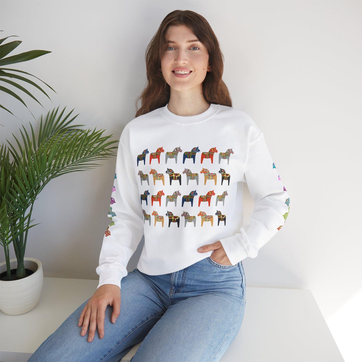 Dala Horse Festive Scandinavian Crewneck Sweatshirt  Gildan 18000 Unisex Heavy Blend™ Dalarna Horse Scandinavian Sweat Shirt Gift Shirt