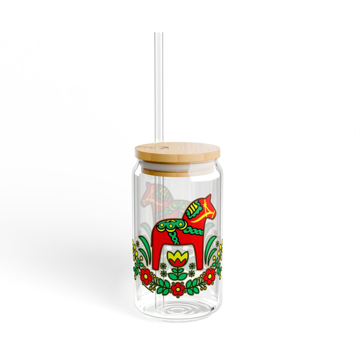 Dala Horse Sipper Glass, 16oz with Lid and Straw Swedish Scandinavian Design Dalarna Swede Norwegian Finnish Bamboo Eco Lid