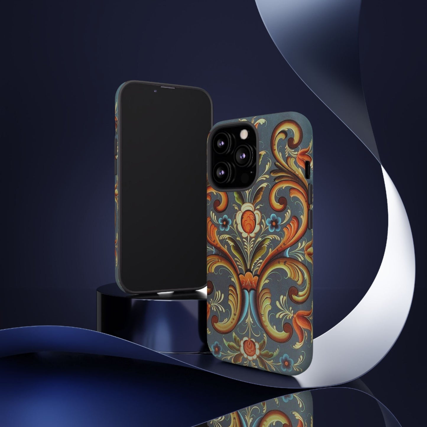 ROSEMALING PHONE CASE - Vintage Look Rosemaling Scandinavian Print Dual Layer Phone Case Norwegian Swedish design Now for iPhone 16