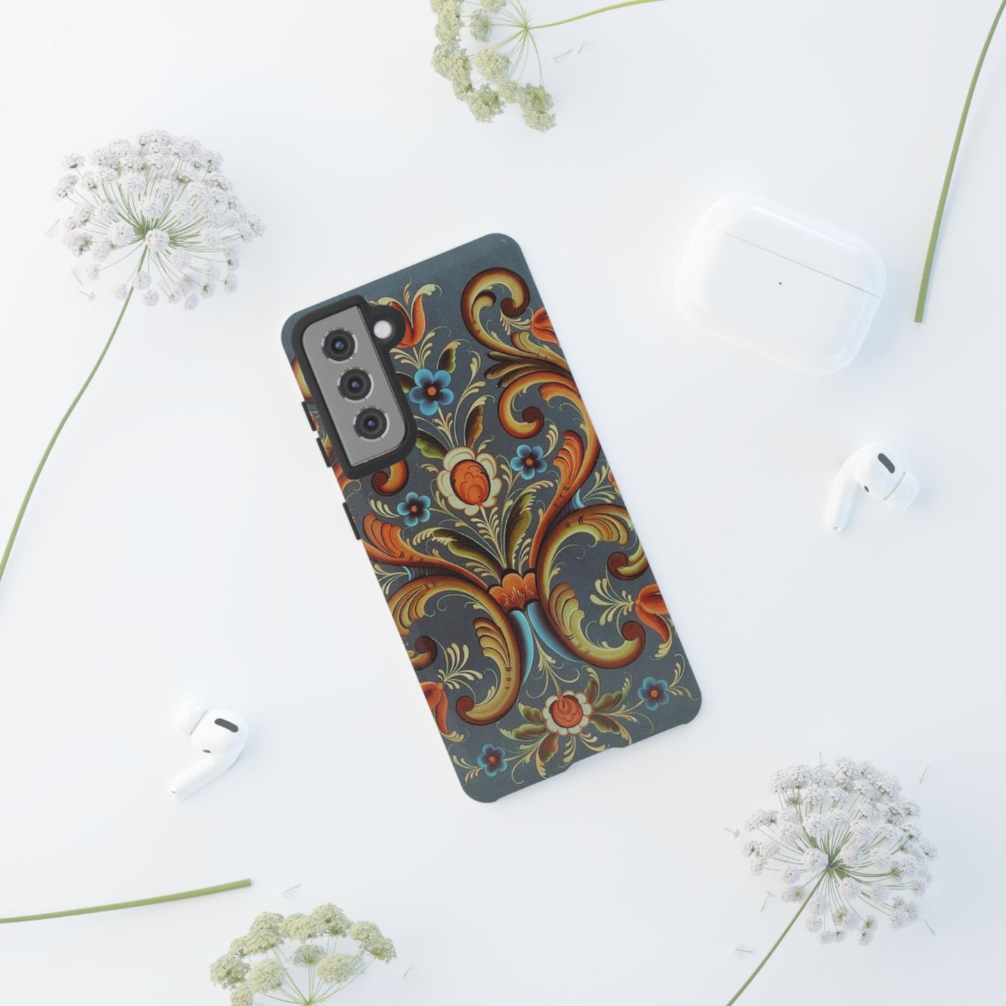 ROSEMALING PHONE CASE - Vintage Look Rosemaling Scandinavian Print Dual Layer Phone Case Norwegian Swedish design Now for iPhone 16