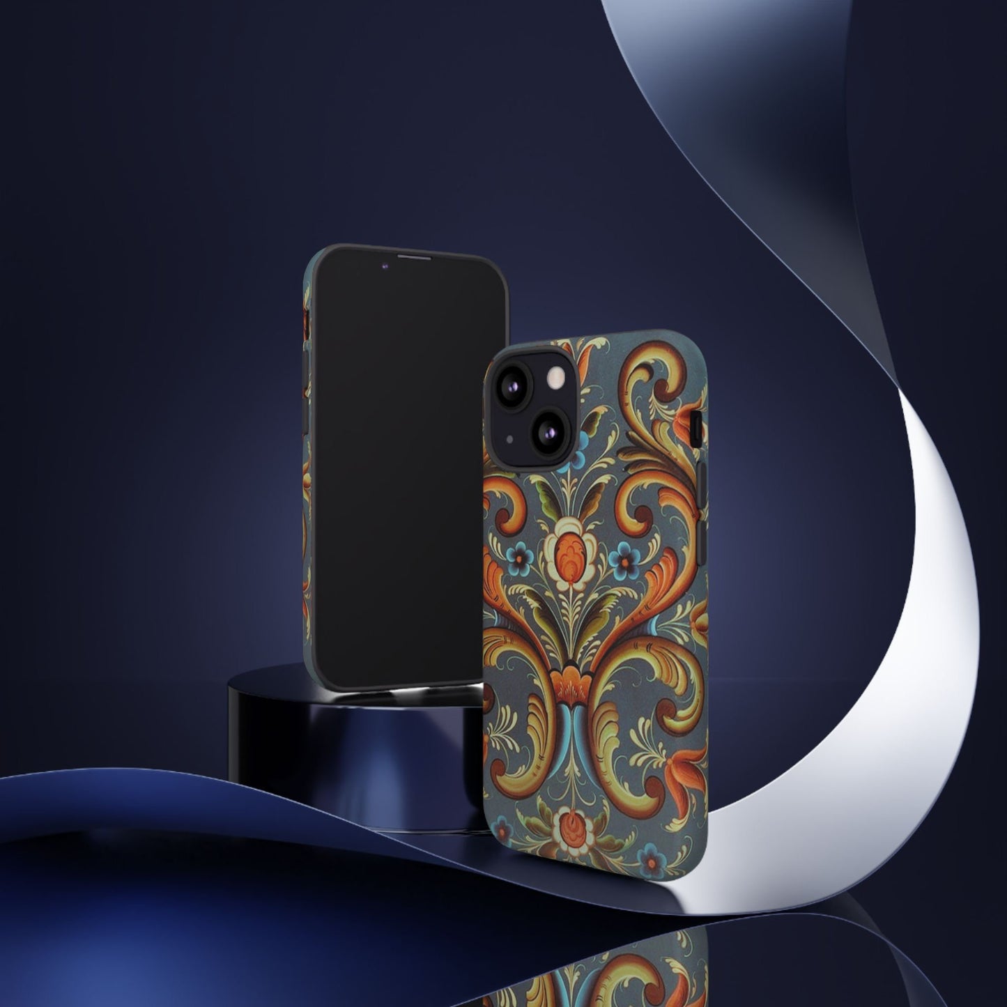 ROSEMALING PHONE CASE - Vintage Look Rosemaling Scandinavian Print Dual Layer Phone Case Norwegian Swedish design Now for iPhone 16