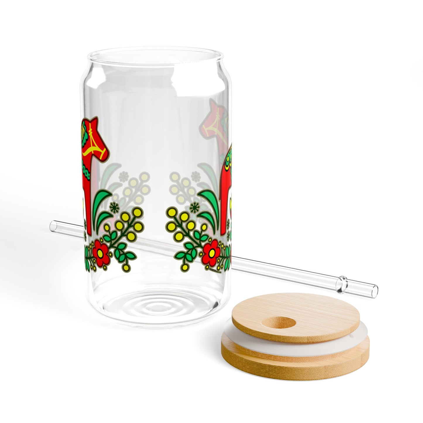 Dala Horse Sipper Glass, 16oz with Lid and Straw Swedish Scandinavian Design Dalarna Swede Norwegian Finnish Bamboo Eco Lid