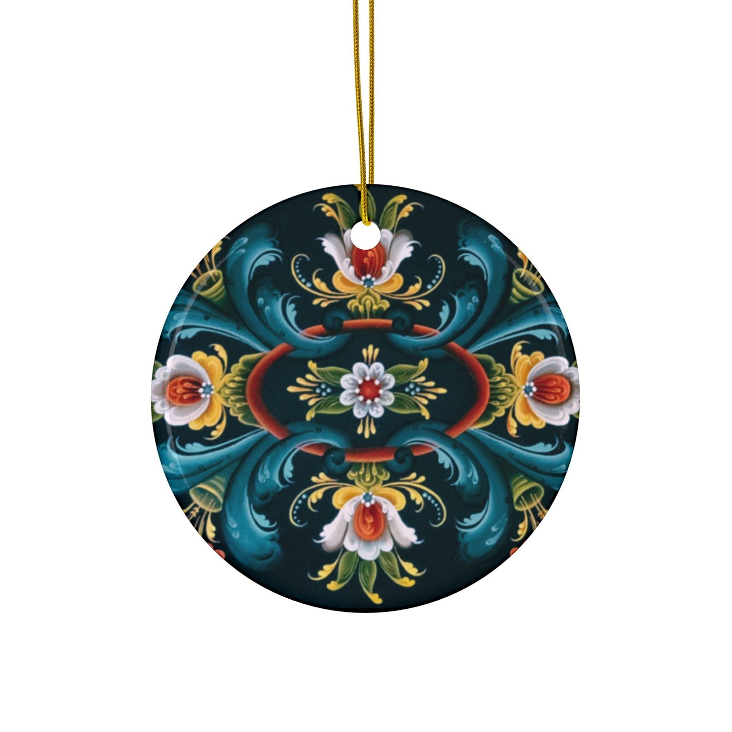 Classic Rosemaling Ceramic Ornaments, Heart or Circle 2-Side Print (1pc, 3pcs, 5pcs, 10pcs) Scandinavian God Jul Swedish Norwegian