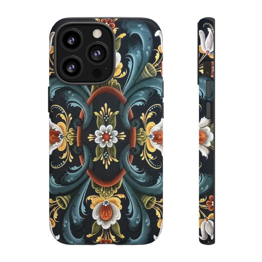 UNIQUE PHONE CASE - Vintage Looking Rosemaling Scandinavian Painting Look Dual Layer Phone Cases. Now for iPhone 16!