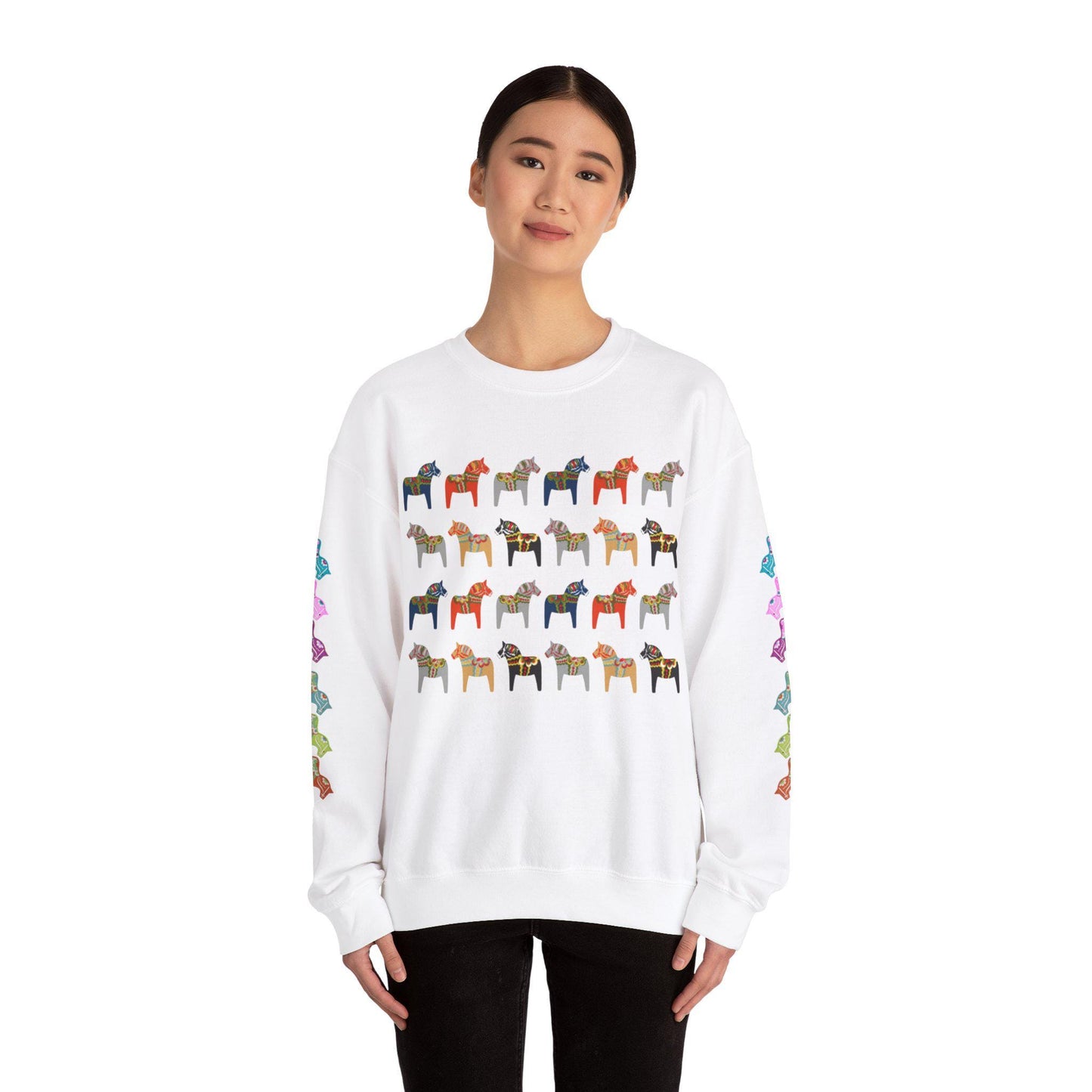 Dala Horse Festive Scandinavian Crewneck Sweatshirt  Gildan 18000 Unisex Heavy Blend™ Dalarna Horse Scandinavian Sweat Shirt Gift Shirt