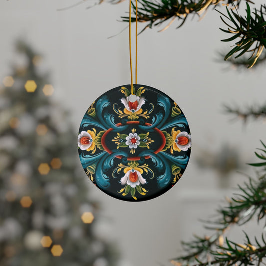 Classic Rosemaling Ceramic Ornaments, Heart or Circle 2-Side Print (1pc, 3pcs, 5pcs, 10pcs) Scandinavian God Jul Swedish Norwegian