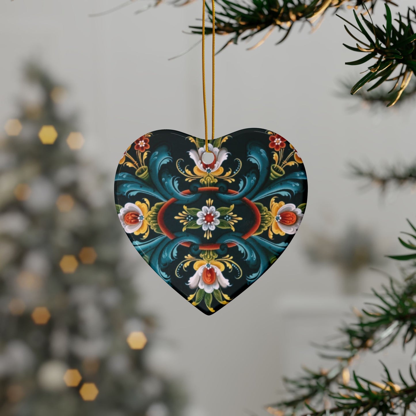 Classic Rosemaling Ceramic Ornaments, Heart or Circle 2-Side Print (1pc, 3pcs, 5pcs, 10pcs) Scandinavian God Jul Swedish Norwegian