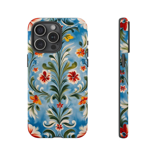 Blue Rosemaling Phone Dual Layer Case Scandinavian Painting Rosemale Telemark Style Phone Case Swedish Norwegian Now for iPhone 16