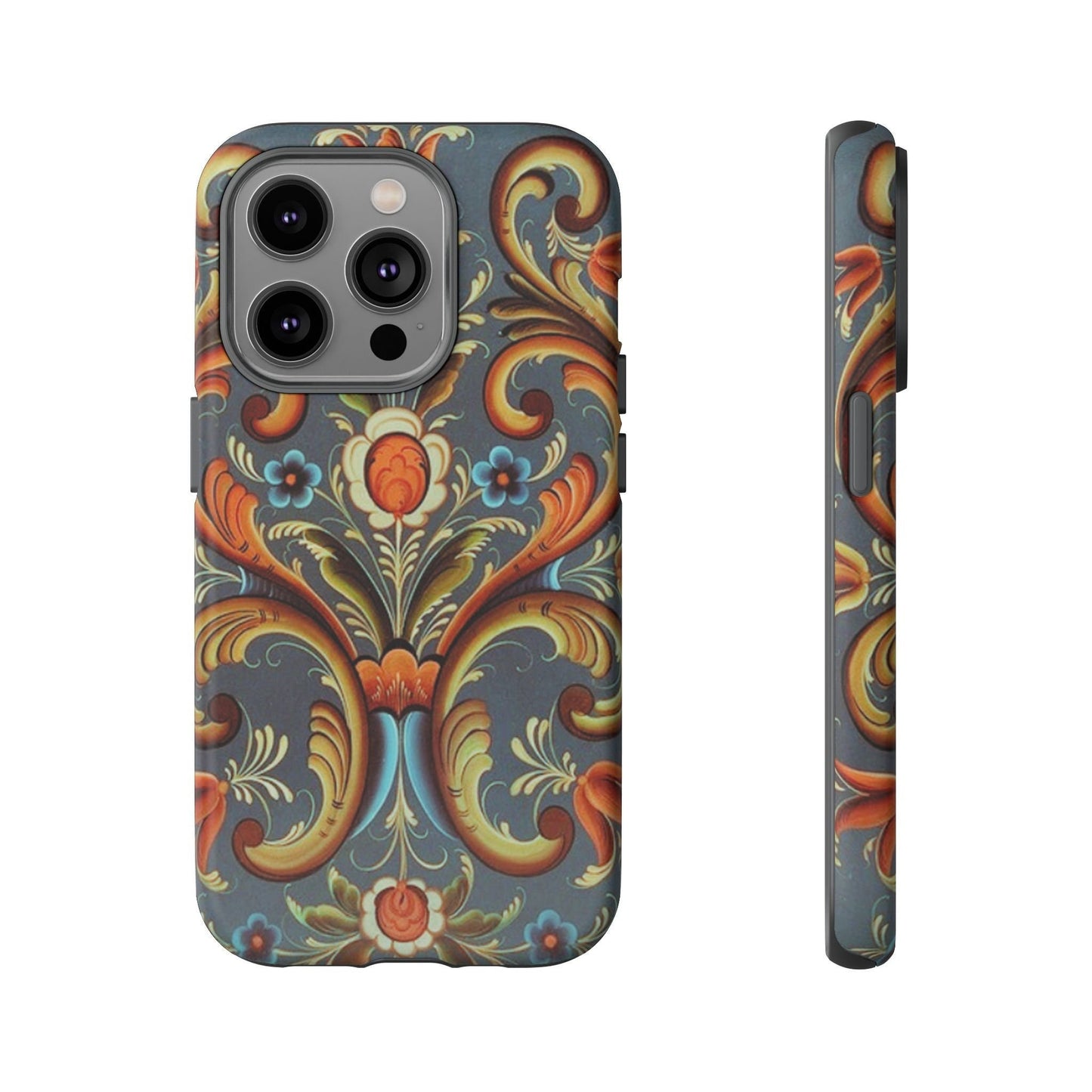 ROSEMALING PHONE CASE - Vintage Look Rosemaling Scandinavian Print Dual Layer Phone Case Norwegian Swedish design Now for iPhone 16